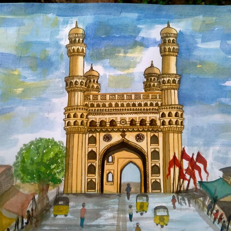 this is an image of a painting of a city gate with people walking around it