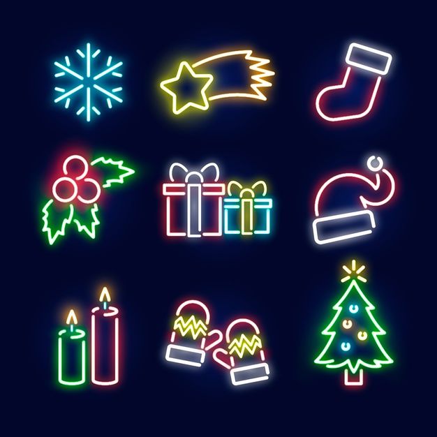 neon signs with different types of christmas items