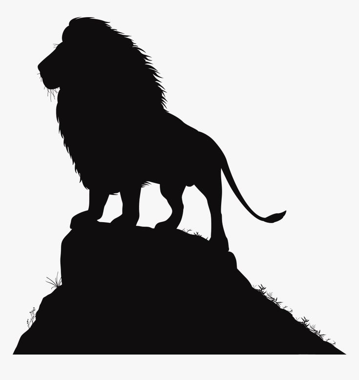 a black and white silhouette of a lion standing on top of a hill with grass