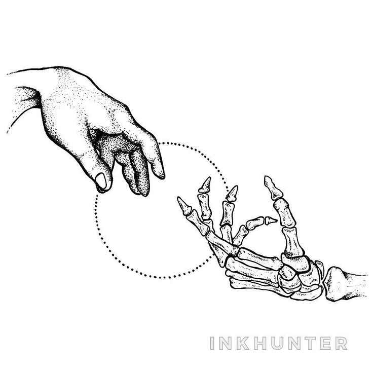 a drawing of two hands touching each other over a skeleton's hand and foot