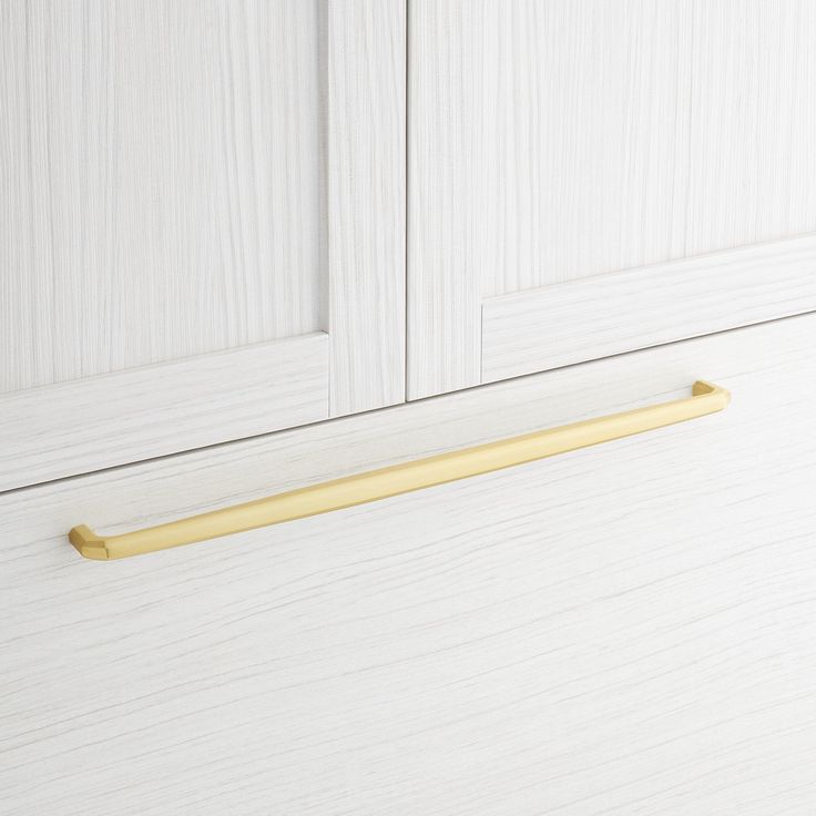 a close up of a door handle on a white cabinet