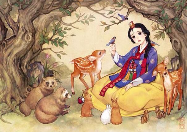 a painting of a woman sitting on a rock surrounded by deer and birds in the woods