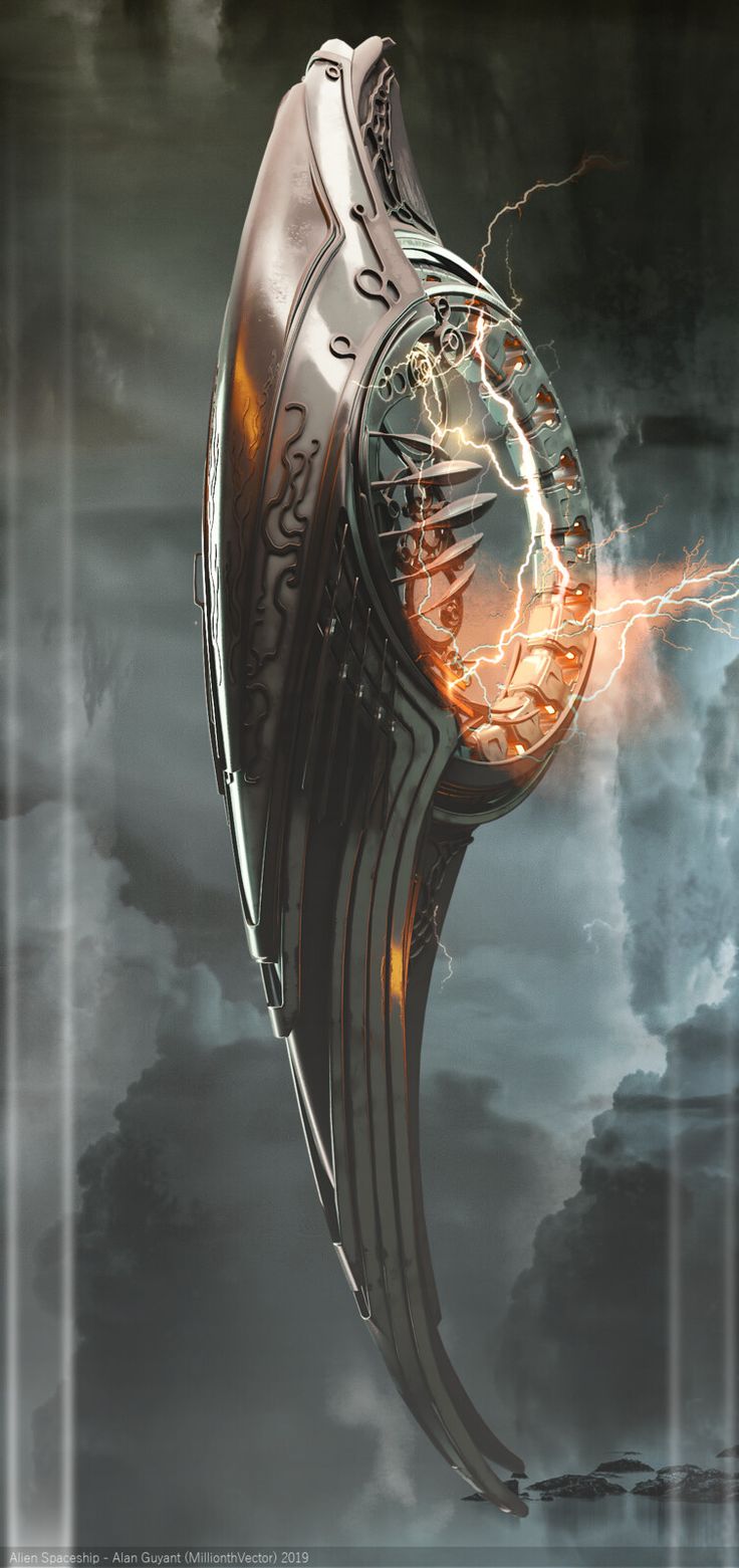 an artistic rendering of a futuristic clock in the sky with lightning coming out of it