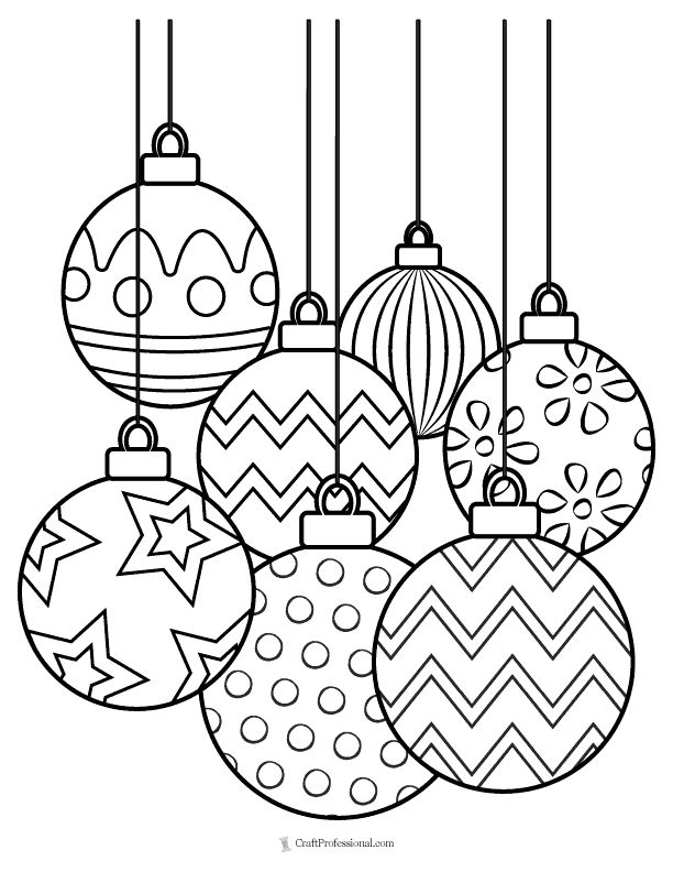 christmas ornament coloring page with ornaments hanging from the ceiling and stars on them