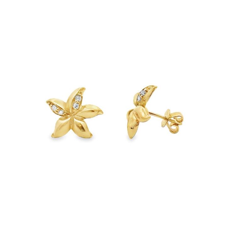 Diamond Flower Stud Earrings feature a delicate floral design, crafted in 14K yellow gold. The earrings showcase 8 shimmering round diamonds set at the heart of the petals, adding brilliance to the elegant flower motif. The diamonds weigh approximately .16 CTW and are graded G-H color and VS clarity. These timeless studs offer a refined blend of luxury and nature-inspired beauty, measuring 15 x 15mm. Weight: 4.35 grams. Flower Shaped Diamond Earrings In Yellow Gold, Yellow Gold Diamond Flower Earrings With Accents, Diamond Flower Yellow Gold Earrings, Yellow Gold Flower-shaped Diamond Earrings With Accents, Yellow Gold Flower Earrings With Brilliant Cut, Fine Jewelry Yellow Gold Flower Earrings With Diamond Accents, Yellow Gold Flower Earrings With Prong Setting, Gold Flower Earrings With Brilliant Cut, Anniversary Yellow Gold Flower Earrings With Diamond Accents