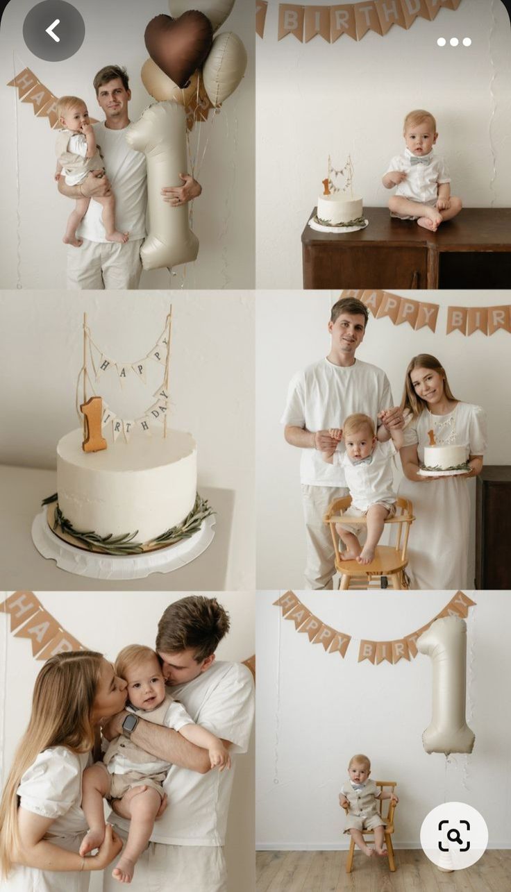 a collage of photos with people and babys in front of a birthday cake