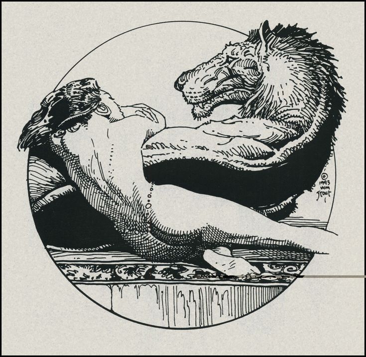 a black and white drawing of a lion attacking a woman