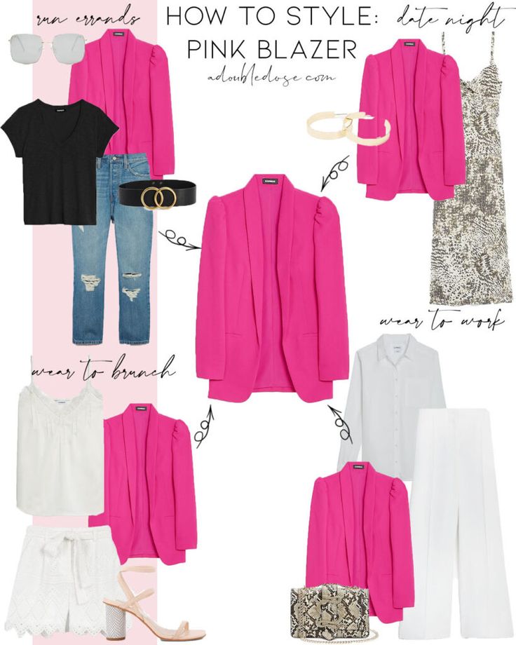 What Goes With Pink Outfits, Fuchsia Shorts Outfit, Hot Pink Blazer And Jeans Outfit, Pink Blazer Brunch Outfit, Fuscia Shirt Outfit, Fuschia Blazer Outfit Work, Pink Business Professional Outfits, What Colors Go With Pink Outfits, Pink Blazer Outfit Classy Dressy