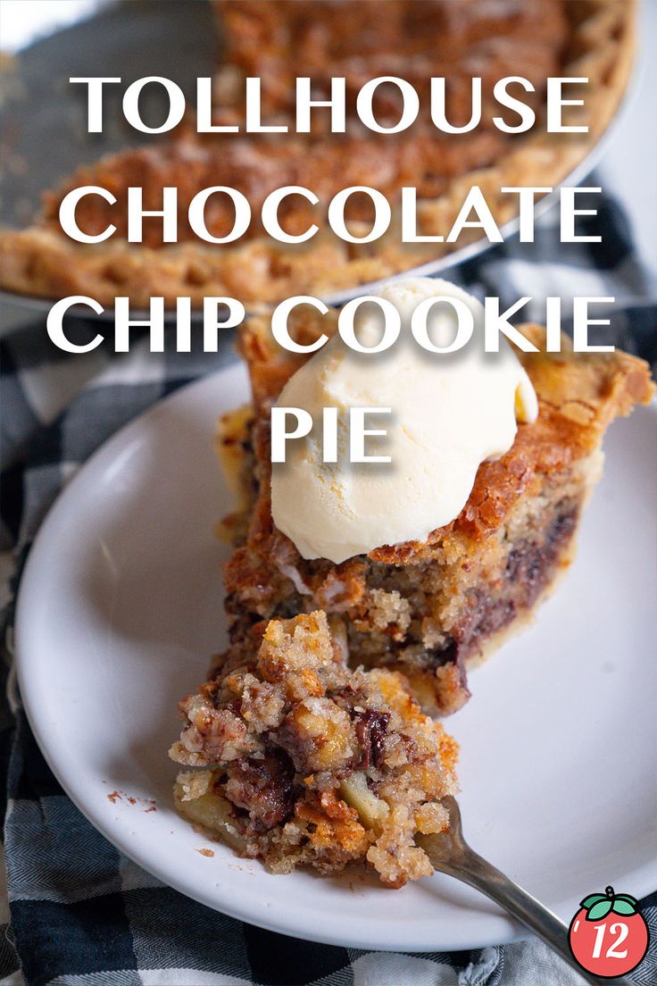 a piece of chocolate chip cookie pie on a white plate with a scoop of ice cream