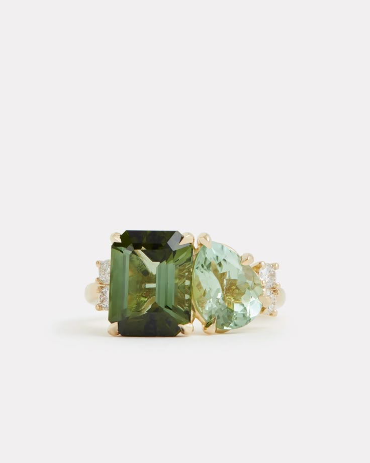 Green Tourmaline Emerald Cut and Pear Shape Ring with Diamonds – Jamie Wolf Emerald And Aquamarine Ring, Green Emerald Cut Engagement Ring, Green Engagement Ring, Green Tourmaline Engagement Ring, Green Diamond Ring, Green Engagement Rings, Vintage Emerald Engagement Ring, Nontraditional Engagement Rings, Pear Shape Ring