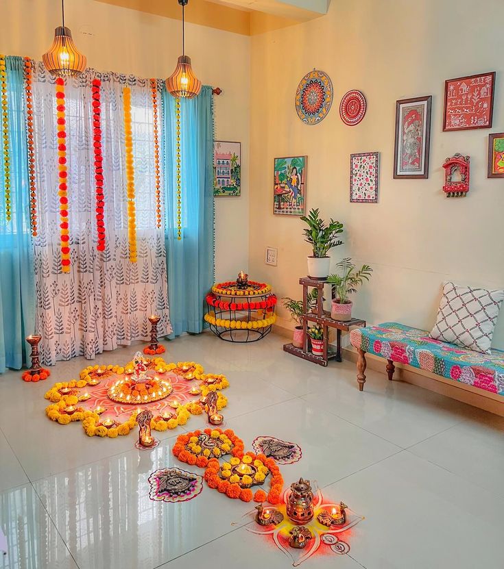 a living room decorated in bright colors with decorations on the walls and floor, along with other items