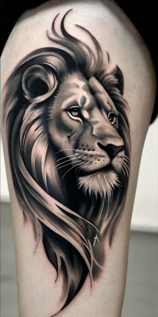 a lion tattoo on the thigh