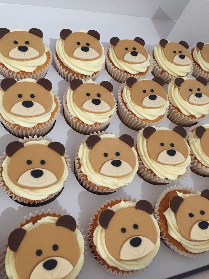 there are many cupcakes that have been decorated with teddy bear faces on them