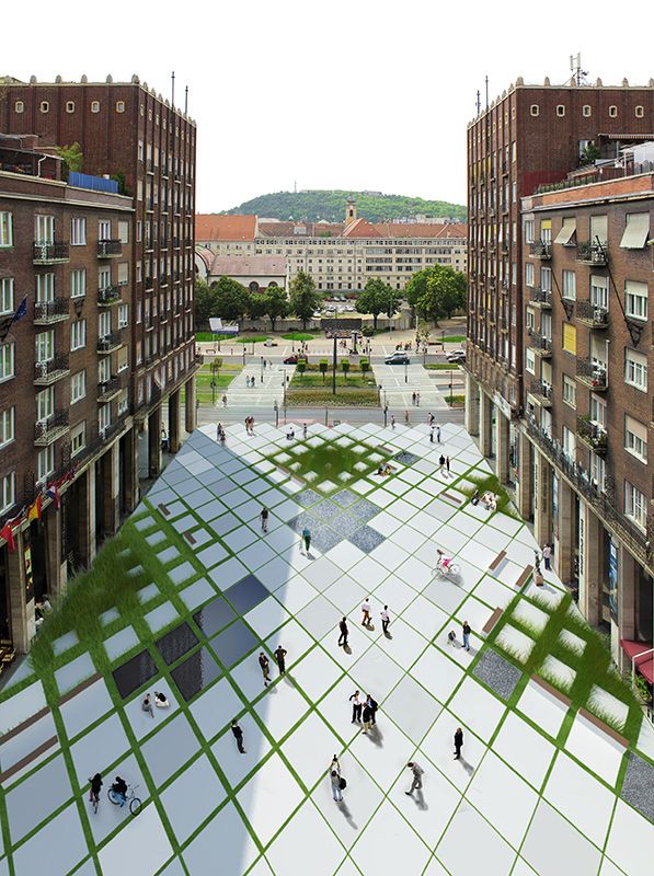 an artist's rendering of a city square with people walking around