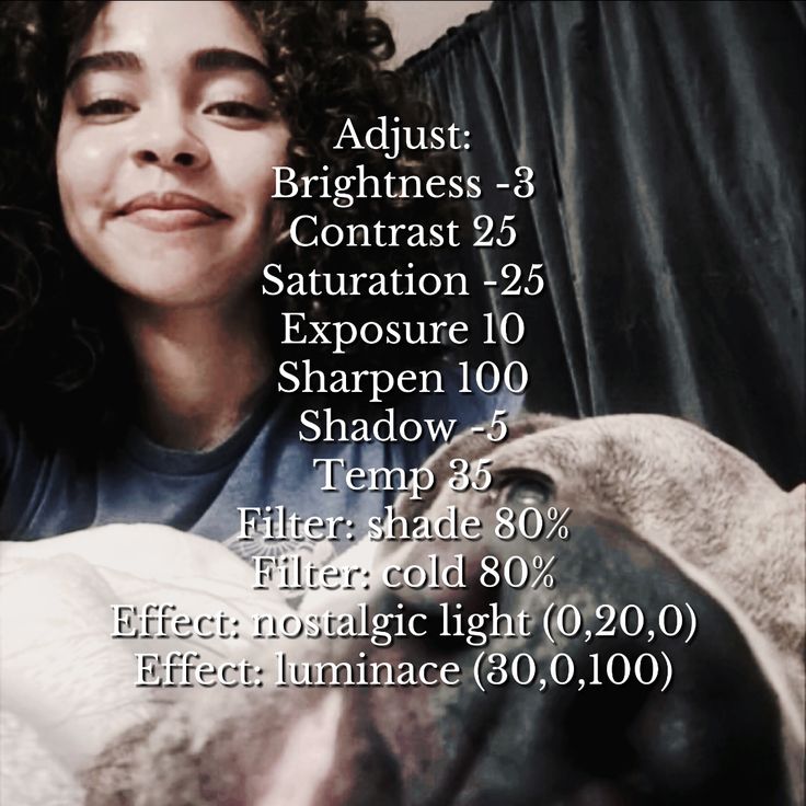 a woman with curly hair holding a white dog in her arms and the words, adjust brightness 3 - 5 contrast 25 exposure