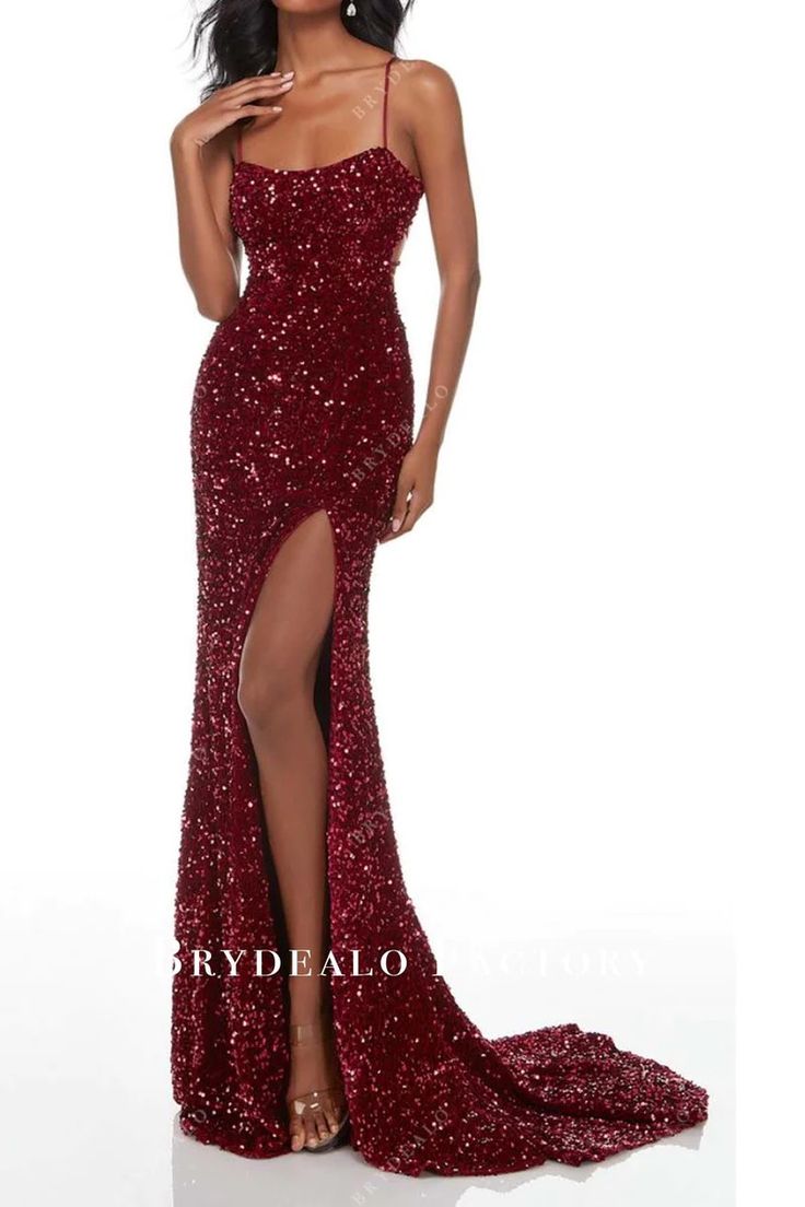 Burgundy Sequin Stretchy Spaghetti Straps Slit Mermaid Prom Dress #2024 #prominspiration #2024prom #promdress Red Glittery Bodycon Dress, Burgundy Sparkly Prom Dress, Formal Red Dress Long, Prom Dresses Red Burgundy, Dark Red Prom Dress Long, Red Formal Dress Long, Maroon Prom Dresses, Red Sparkly Prom Dress, Plum Formal Dress