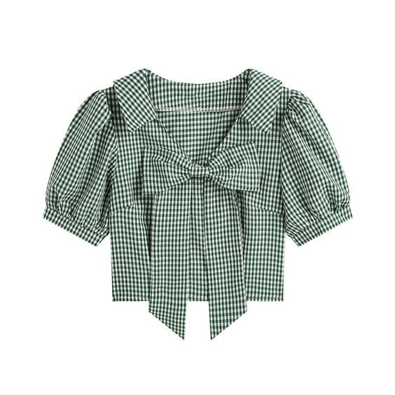 Product Information:Texture: otherCollar type: V-neckcolour type: GreenSleeve type: puff sleeveIngredient content: 31% (inclusive) -50% (inclusive)sleeve length: short sleeveLength: Short style (40cm Short Blouse Outfit, Fancy Top Design, Short Blouse, Ladies Tops Blouses, Diy Wardrobe, Blouse Summer, Short Blouses, Fancy Blouse, Puff Sleeve Top