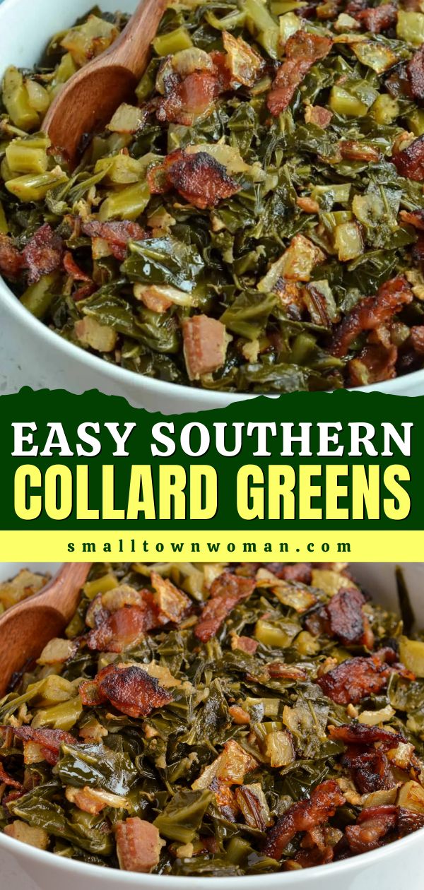 Your Easter menu ideas must have these southern-style collard greens! They will become one of your favorite Easter side dishes. Simmered with bacon, onion, and garlic, these easy Southern Collard Greens are absolutely delicious! Thanksgiving Collard Greens Recipe, Southern Collard Greens With Bacon, Thanksgiving Greens Recipes, Thanks Giving Dinner Sides, Southern Recipes Side Dishes, Soulfood Thanksgiving Dinner Ideas, New Years Greens, Thanksgiving Collard Greens, Cooked Greens Recipes