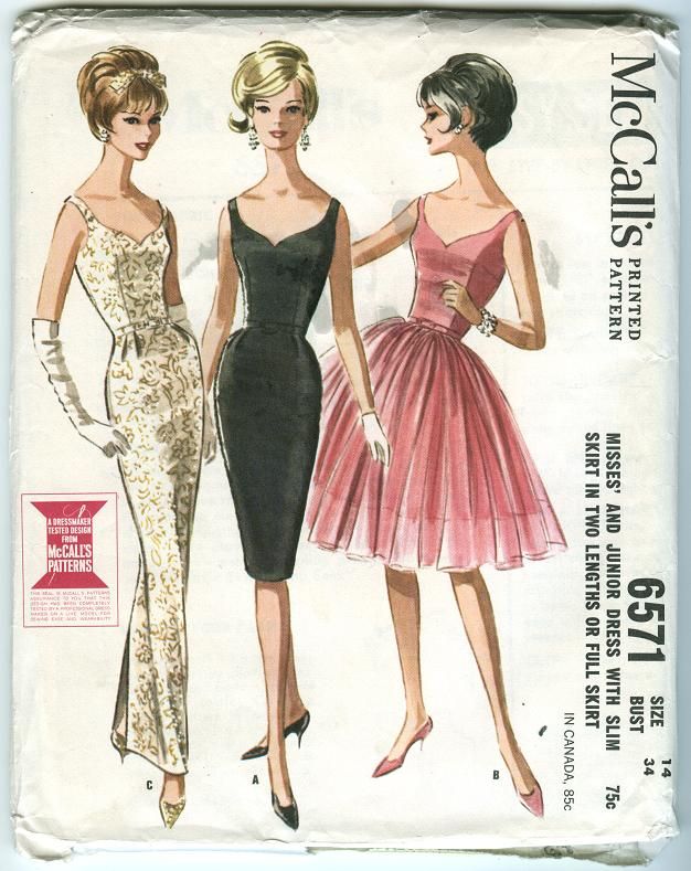 McCalls 6571  Vintage 1962 cocktail, party dress pattern for misses and juniors has sweetheart neckline, and three-gore slim (two lengths), and a full skirt. Neckline dips to low V at back. Center back seam zipper closing. Cocktail Dress Patterns, Vintage Dress Patterns, Couture Mode, Retro Mode, Womens Cocktail Dresses, 1960s Fashion, Moda Vintage, Junior Dresses, Mode Vintage