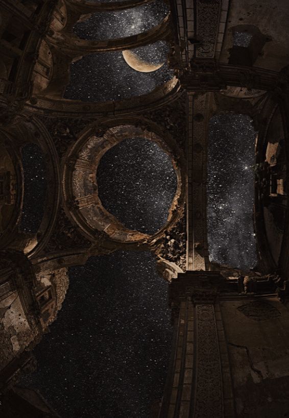 the view from above looking down at an old building with a moon and stars in the sky