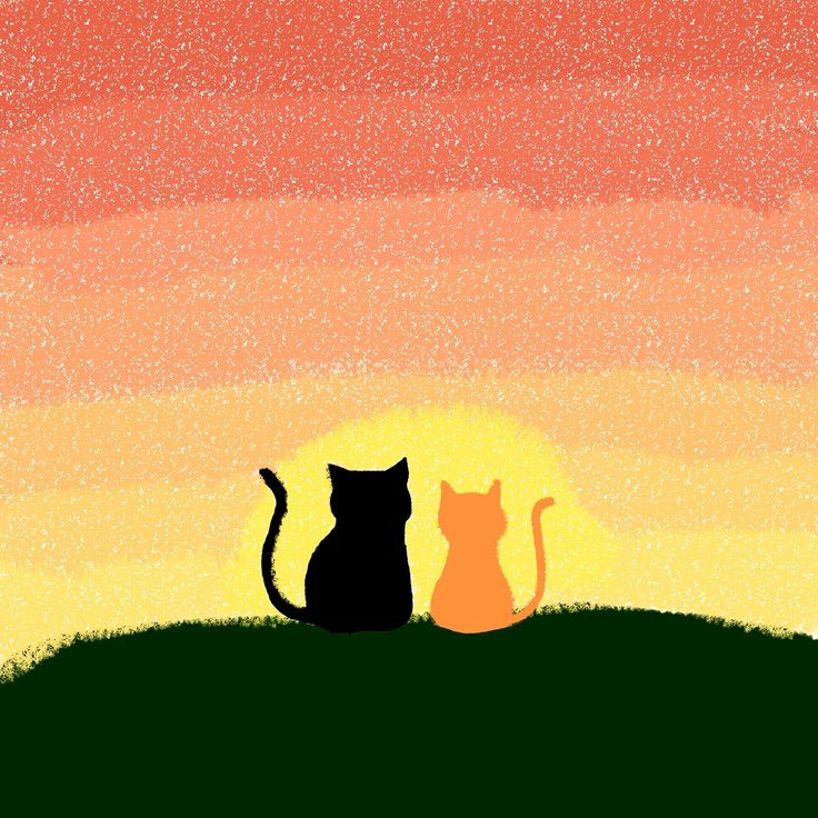 two cats sitting on top of a grass covered hill next to each other in front of an orange and yellow sky