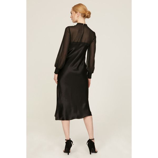 Black satin (65% Lyocell, 35% Silk). Slip. Long sleeves. Mock neck. Back button closure. Imported. Elegant Satin Dress For Night Out In Fall, Sleek Fitted Silk Dress For Spring, Sleek Silk Midi Dress For Work, Sleek Silk Midi Dress For Spring, Sleek Midi-length Silk Dress For Spring, Sleek Long Sleeve Silk Midi Dress, Summer Fitted Midi Dress By Allsaints, Chic High Neck Silk Midi Dress, Sleek Satin Workwear Dresses