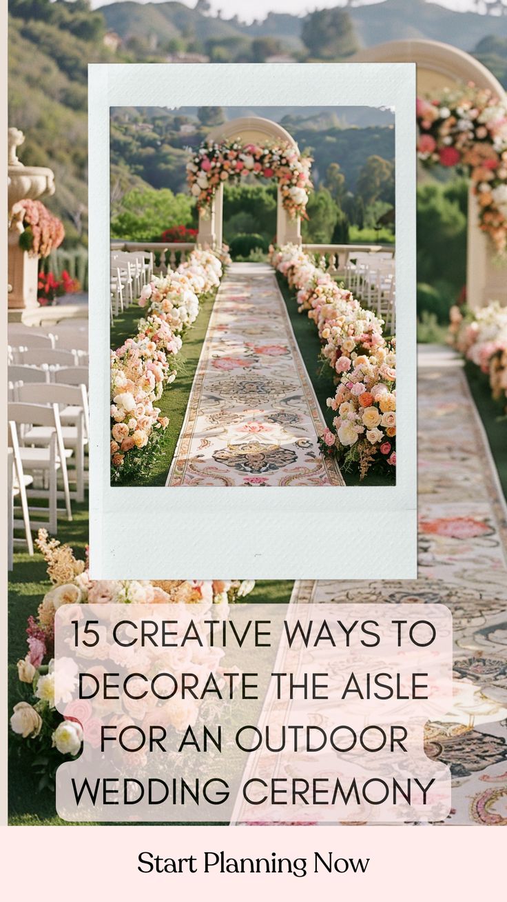 Stunning outdoor wedding ceremony aisle decorated with beautiful floral arrangements and unique aisle runners. Wedding Runners Aisle, Wedding Aisle Flowers On Ground Diy, Rug Runner Wedding Aisle, Wedding Walkway Ideas Outdoors, Wedding Isles Decoration Outdoors, Summer Wedding Aisle Decor, Tulle Aisle Decorations, Aisle Runner Wedding Outdoor, Outdoor Aisle Decorations Wedding