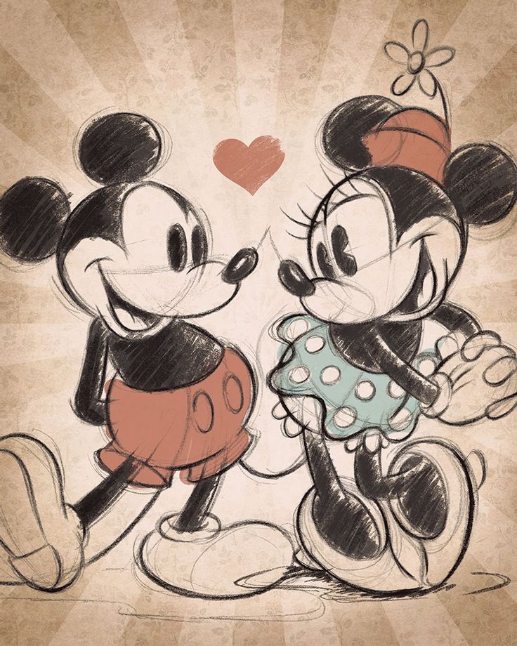 two mickey and minnie mouses are standing next to each other in front of a heart