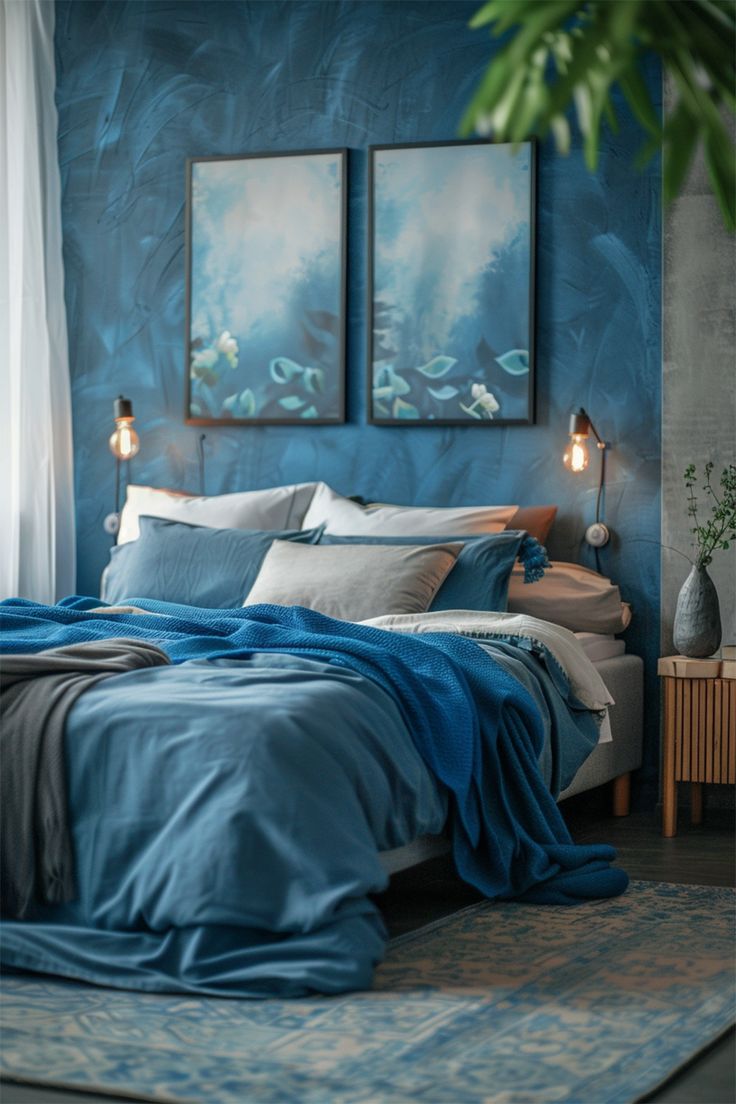 a bed with blue sheets and pillows in a bedroom next to two paintings on the wall