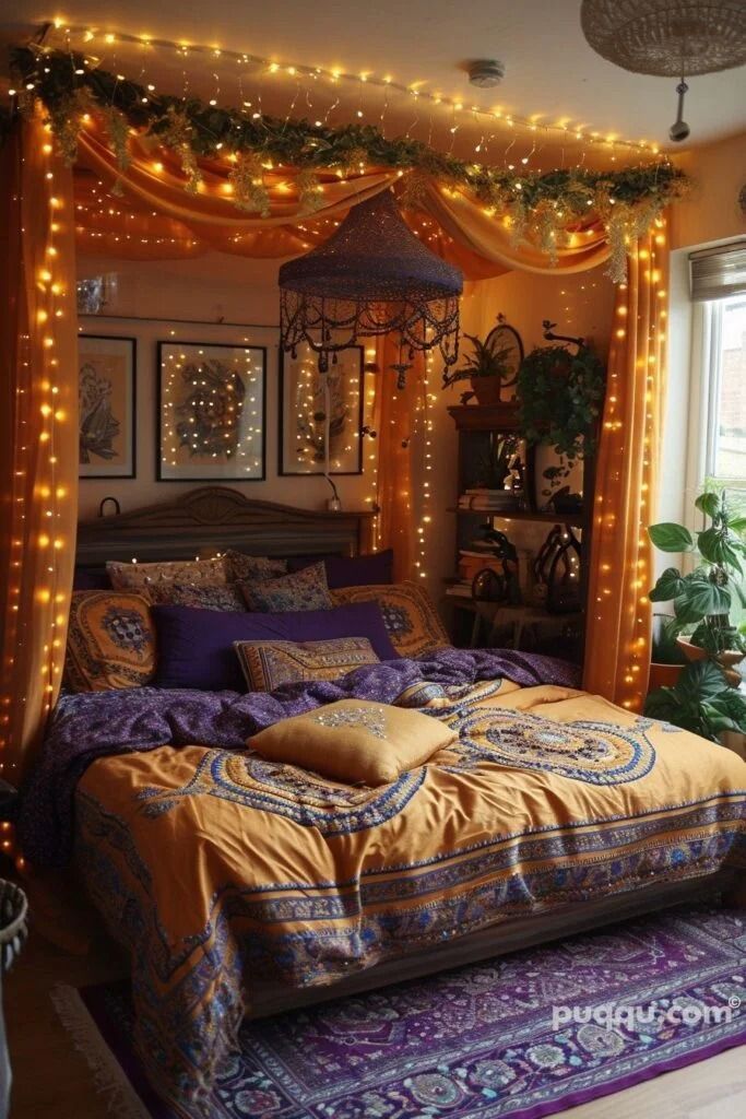 a bedroom decorated in purple and gold with lights