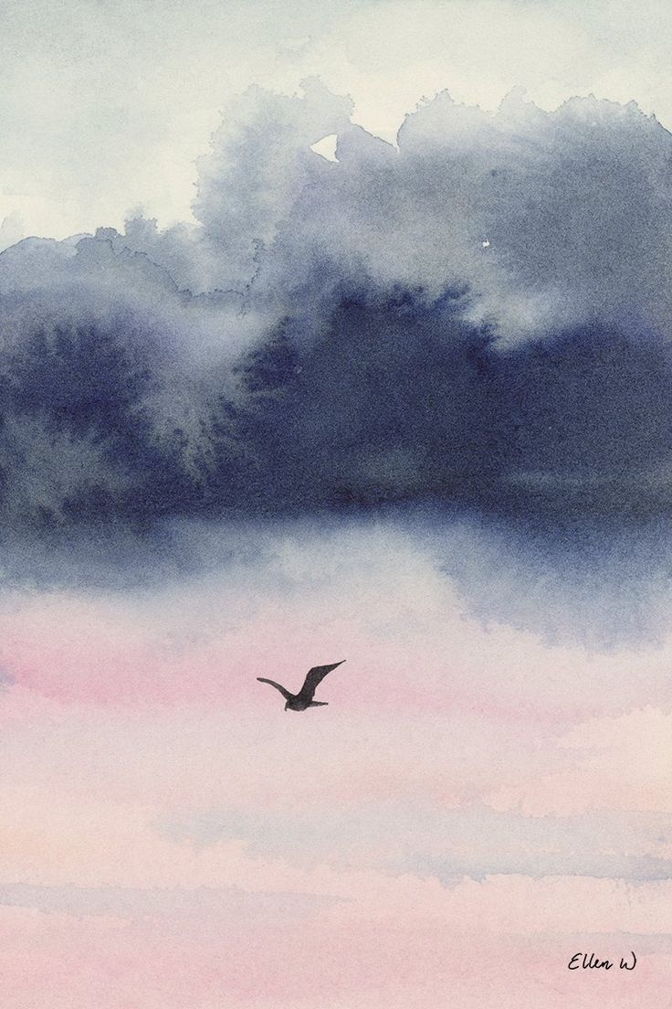 a watercolor painting of a bird flying in front of a cloudy sky with pink and blue clouds