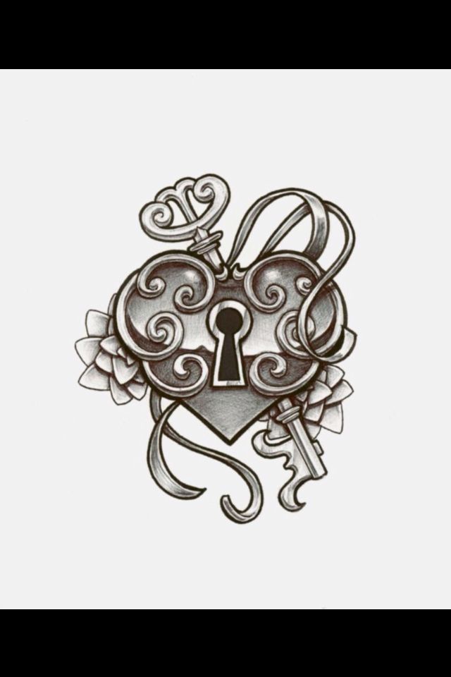 an ornate heart and key tattoo design