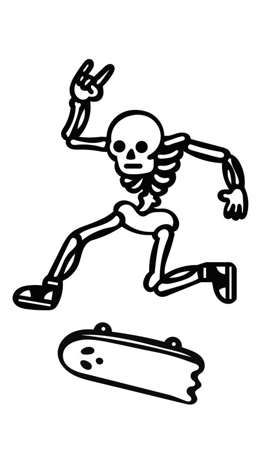 a skeleton is skateboarding with his arms out and hands in the air as if he's about to fall off