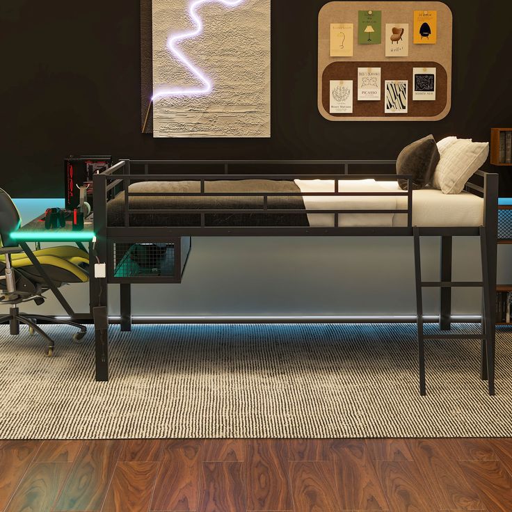 a bed sitting on top of a wooden floor next to a desk