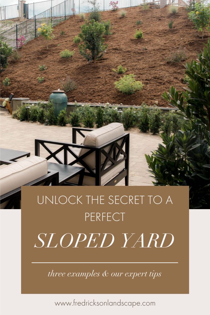 an outdoor patio with benches and landscaping in the background text reads, unlock the secret to a perfect sloped yard three examples at our expert tips