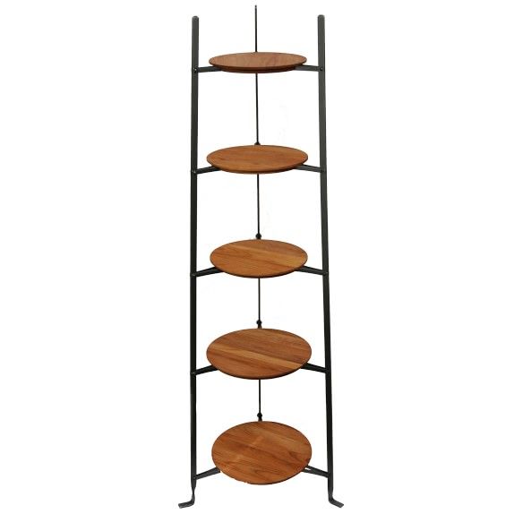 three tiered wooden tray stand with metal legs