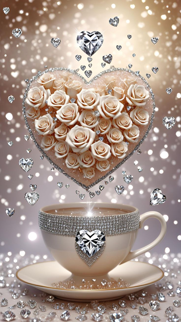 a coffee cup filled with lots of white roses next to a heart - shaped diamond