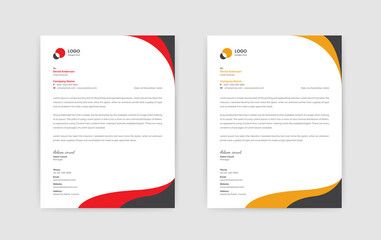 two letterheads with an orange and yellow design on the front, one in black and