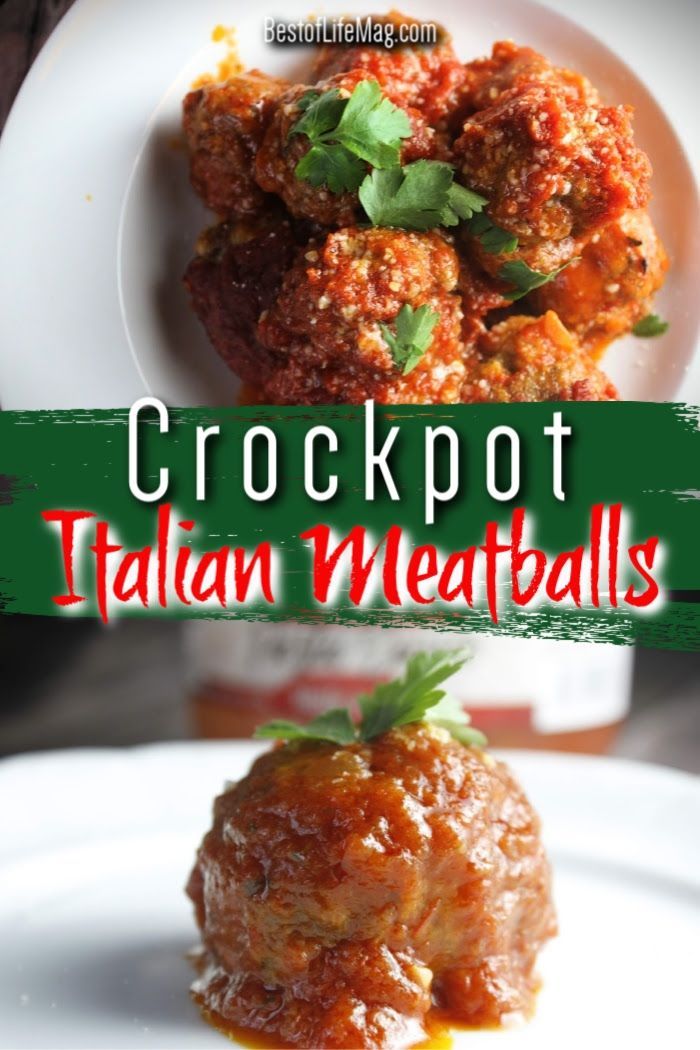 crockpot italian meatballs on a white plate with the words crockpot italian meatballs