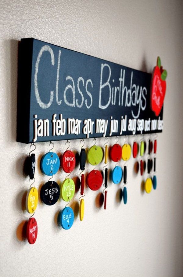 a sign that says class birthdays hanging on a wall with magnets attached to it