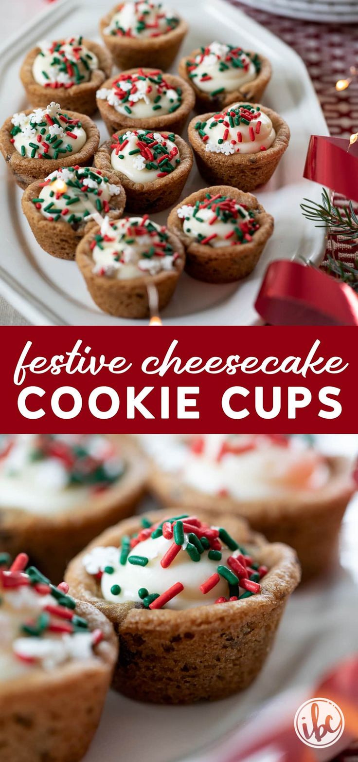 festive cheesecake cookie cups on a white plate