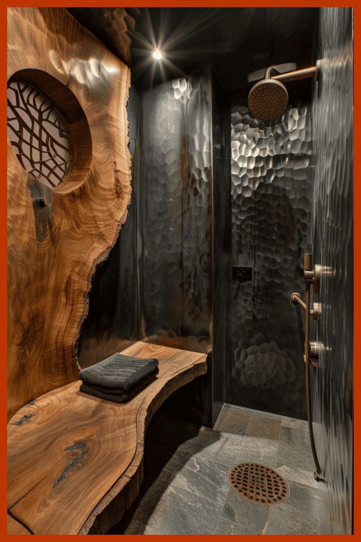 a wooden bench sitting next to a shower in a room with black walls and flooring