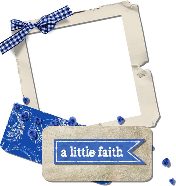 an old photo frame with a blue ribbon around it and the words little faith on it