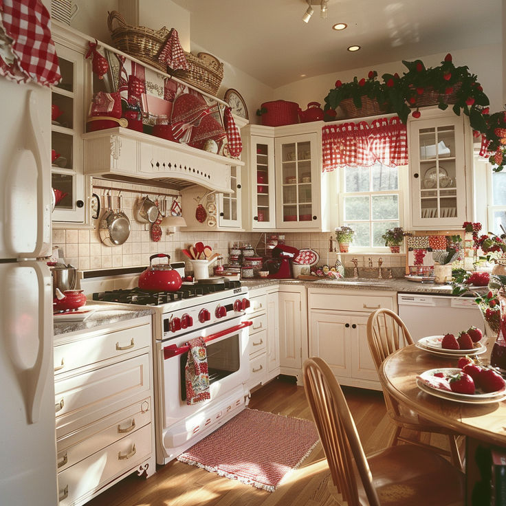 a kitchen filled with lots of white cabinets and red dishes on top of the stove