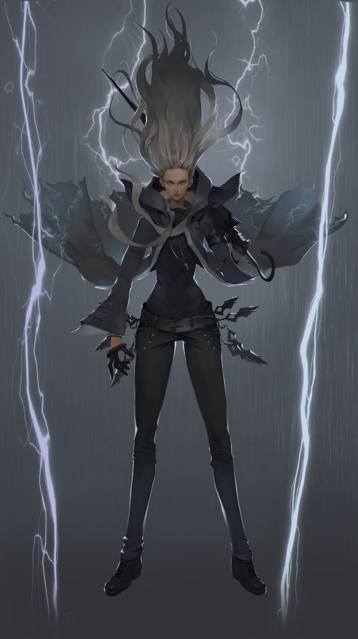 a woman standing in the rain with lightning behind her