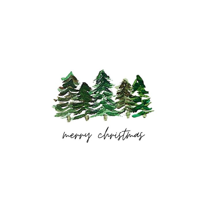 three pine trees with the words merry christmas written in black ink on a white background