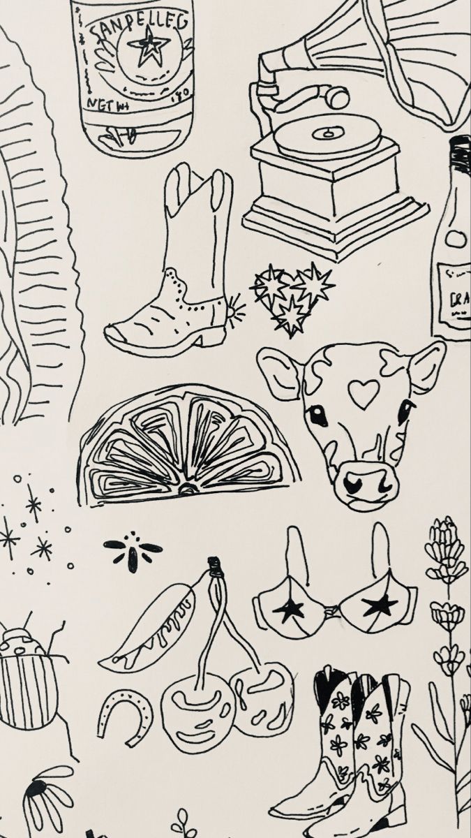 black and white drawing of various items on paper