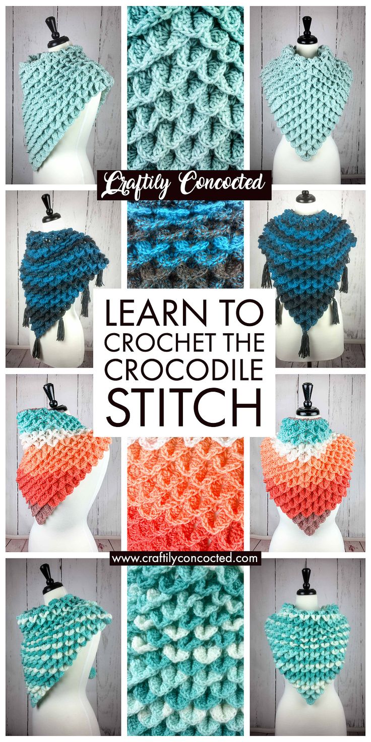 the crochet crocodile stitch shawl is shown in many different colors and sizes