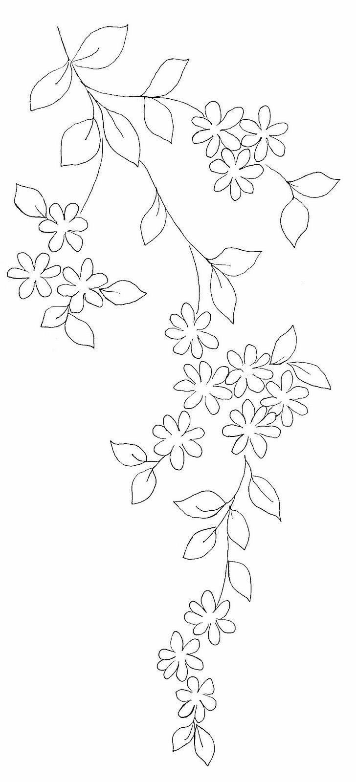 a branch with leaves and flowers drawn in black ink on a white paper background,