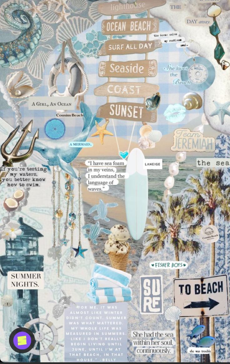 a collage of beach related items is shown